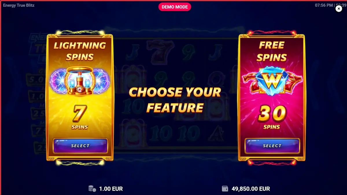 Tampilan visual slot Energy True Blitz dengan tema neon dan listrik