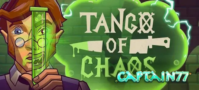 Tampilan visual slot Tango of Chaos dengan tema laboratorium yang penuh warna dan energi.